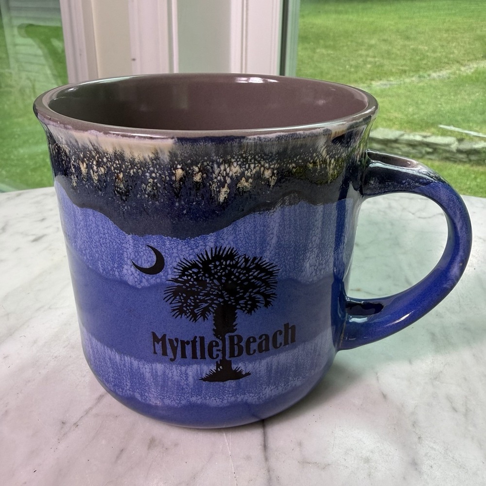 Myrtle Beach SC Coffee Mug Blue Black‎ Drip Glaze Ceramic Palmetto Tree Moon New